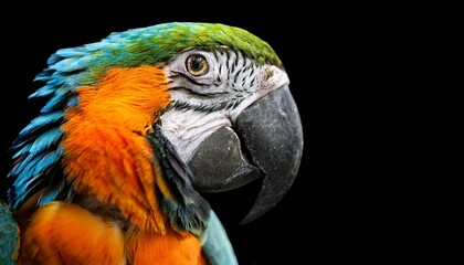 Obraz premium close up of colorful macaw bird face macro parrot bird head on isolated black background with copy space on right green and orange macaw parrot exotic colorful beautiful african macaw parrot