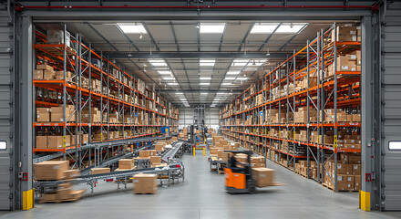 Warehouse Interior with Shelves and Forklift
