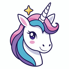 Adorable Cartoon Unicorn Head with Pastel Mane and Horn