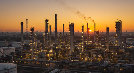 Obraz premium Oil Refinery at Sunset Industrial Landscape