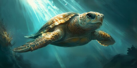 Fototapeta premium A sea turtle gracefully swims through the ocean with sunlight filtering from the surface above it