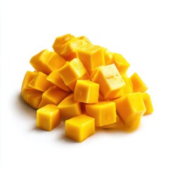 Pile of mango cubes, close up view on white background