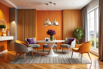 Fototapeta premium Modern colorful dining room, orange accent wall, wooden slat feature, purple and orange chairs, round dining table, pendant lights, large window, houseplant, contemporary interior design, warm tones, 