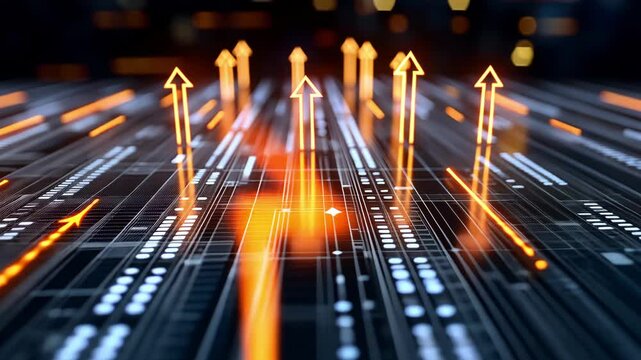 Digital Arrow Indicators Rising Above Dark Background with Lights