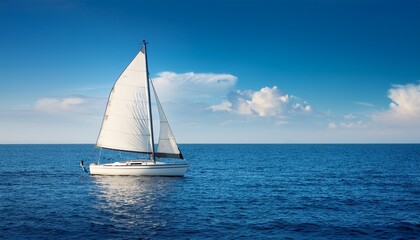 Obraz premium sailboat in the sea on a background of blue sky minimalist sailing background a lonely sailing boat floating in the ocean