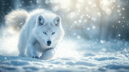 Poster Majestic white wolf blue eyes gaze Fierce arctic fox running through snow in a serene winter landscape.