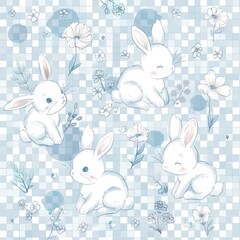 Fototapeta premium Pastel geometric Easter pattern with Easter bunnies, eggs, and floral designs