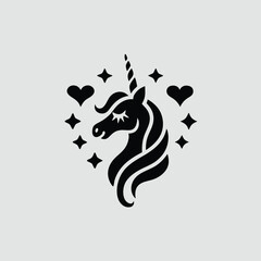 Elegant Black Unicorn Head Logo with Hearts and Stars