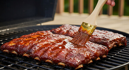 Ribs on the grill are being brushed with sauce, infusing smoky flavor and creating a tempting culinary masterpiece for a delicious barbecue.