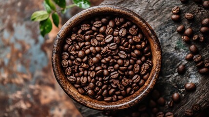 Top view of coffee beans in wooden bowl with scattered beans