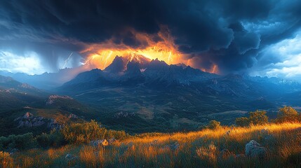 Dramatic Mountainscape: Lightning Strikes Illuminate Jagged Peak