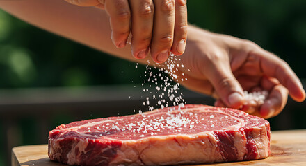 Preparing Steak: Seasoning with salt for a delicious meal. Perfect for grilling, roasting, or pan-searing. A culinary delight for any occasion.