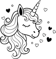 Cute Unicorn Head with Hearts Line Art Illustration