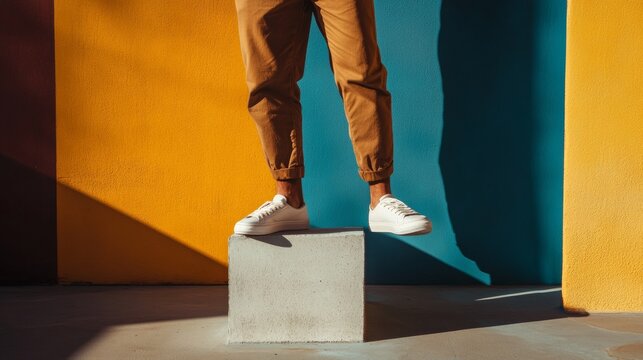 Man standing on pedestal with modern color backdrop