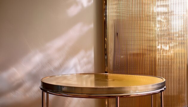 close up of empty modern golden round table on reeded glass partition on cream colored wall for luxury organic beauty cosmetic product display minimal design with copy space
