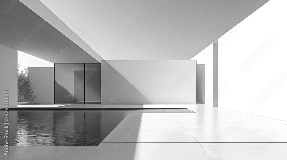 Poster modern minimalist white building with pool reflecting sunlight