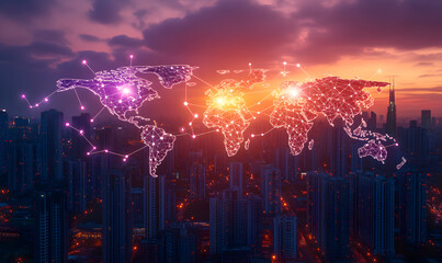 Global Network Connection: Illuminated World Map Over Night Cityscape