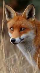 Fototapeta premium Red fox in grassy field during golden hour