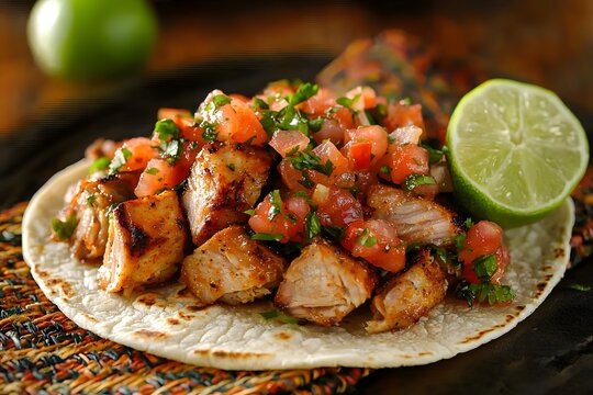 Grilled chicken tacos topped with fresh salsa and lime Generative AI