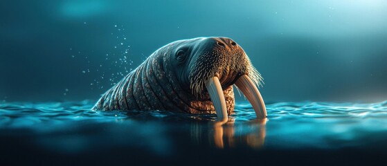 Close-up of a walrus swimming in the ocean. the walrus is in the center of the image, with its head above the water and its body partially submerged in the water.