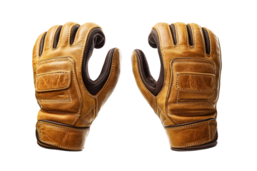 A pair of tan leather gloves with black stitching and a velcro closure