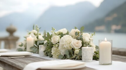 Elegant wedding table setting by a serene lakeside Generative AI