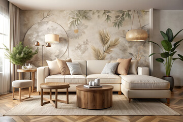 Cozy living room, boho chic interior, neutral color palette, beige sofa, rattan coffee table, tropical leaf wallpaper mural, hanging pendant lights, woven wall decor, potted plants, natural textures, 