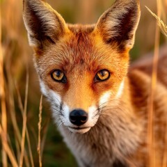 Obraz premium Wild fox in golden grass during sunset hours