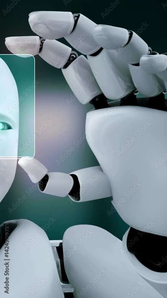 Poster robot hominoid hold hud hologram screen in concept of ai thinking brain, artificial intelligence and