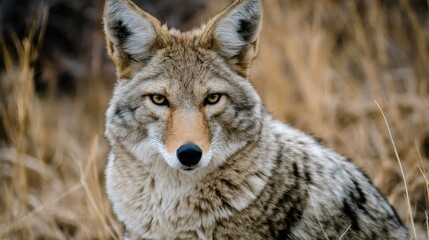 Coyote rests in tall grass during golden hour