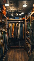 Naklejka premium Vintage Closet Interior Design: Rustic Wooden Wardrobe with Clothes and Shoes