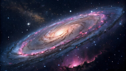 A mesmerizing view of a spiral galaxy featuring vibrant cosmic dust, nebulae, and countless stars, perfect for illustrating astronomical phenomena or the vastness of the universe.