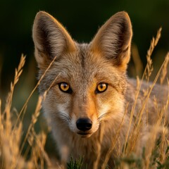 Fototapeta premium Coyote stands alert in golden grass during sunset