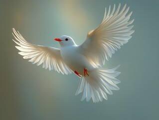 Fototapeta premium A graceful white bird in mid-flight against a soft, colorful background