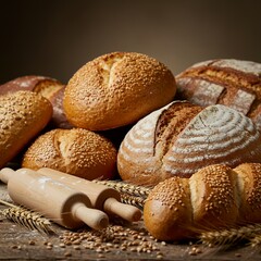 Artisan Bread Loaves and Rolls with Fresh Herbs on Rustic Wooden Surface