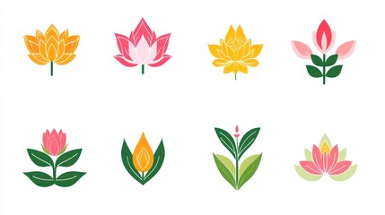 Colorful stylized floral icons; design elements; white background; website, cards
