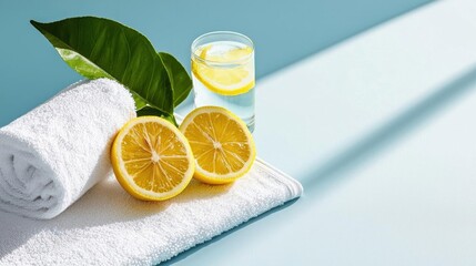 White towel rolled up on a light blue background. next to the towel, there are two slices of lemon and a glass of water. the glass is filled with clear water and has a slice of lemon on the rim.