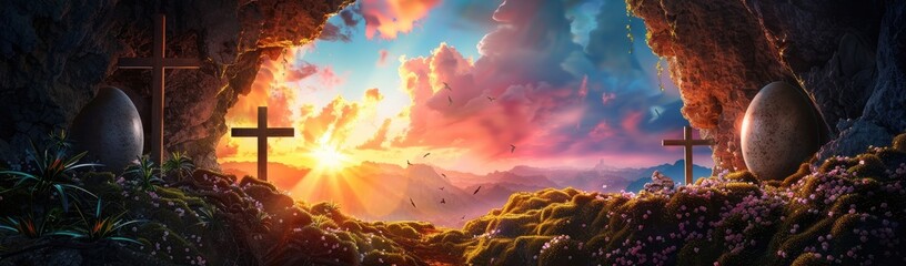 Fototapeta premium Cross standing in a cave at sunrise overlooking a lush landscape with dramatic clouds