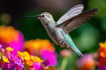 Fototapeta premium Hummingbird flying near vibrant flowers in garden
