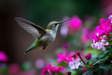 Fototapeta premium Hummingbird feeding on pink flowers in the garden