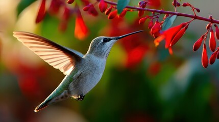 Obraz premium Hummingbird feeding on vibrant red flowers outdoors