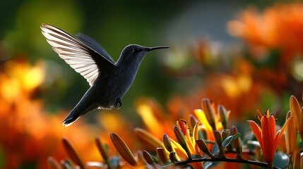 Fototapeta premium Hummingbird hovering near vibrant orange flowers