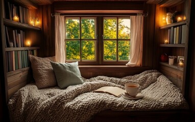 Cozy Reading Nook with Cup of Tea and Warm Natural Light