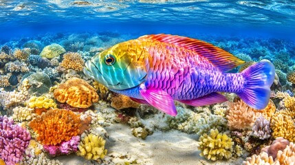 Obraz premium A colorful fish swimming near coral reef in clear blue ocean water with sandy bottom scene