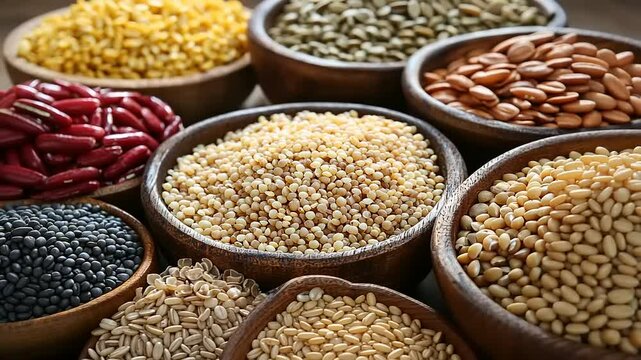 Diverse Assortment of Legumes and Grains Displayed in Rustic Wooden Bowls for Healthy Eating