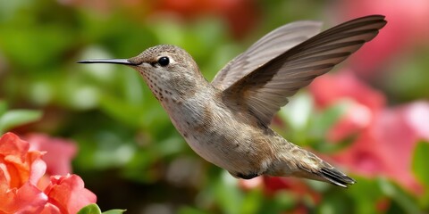 Fototapeta premium Hummingbird feeding in spring garden flowers