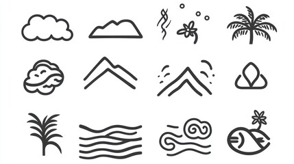 Fototapeta premium Nature icons clouds, mountains, ocean, palm, plant. Website design elements