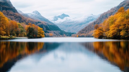 Obraz premium Scenic landscape of a calm lake reflecting vibrant autumn trees and snow-capped mountains under a cloudy sky.