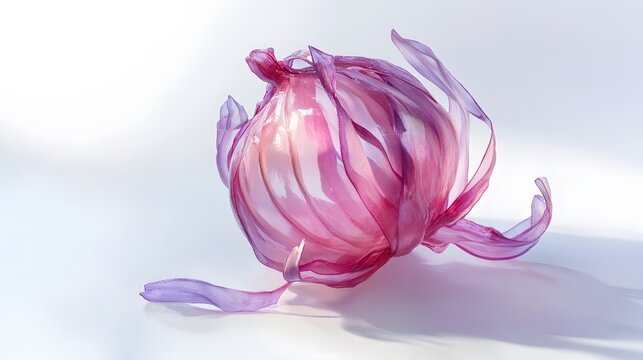 Decorative translucent red onion with flowing layers creating an abstract design