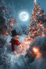Snowy snowman, Christmas night, forest scene